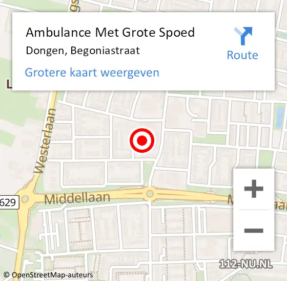 Locatie op kaart van de 112 melding: Ambulance Met Grote Spoed Naar Dongen, Begoniastraat op 8 september 2016 07:31