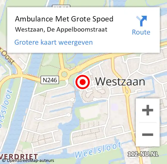 Locatie op kaart van de 112 melding: Ambulance Met Grote Spoed Naar Westzaan, De Appelboomstraat op 9 september 2016 19:00