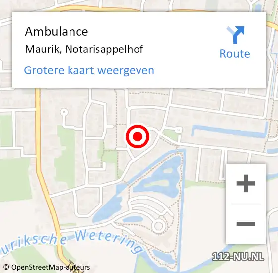 Locatie op kaart van de 112 melding: Ambulance Maurik, Notarisappelhof op 10 september 2016 12:32