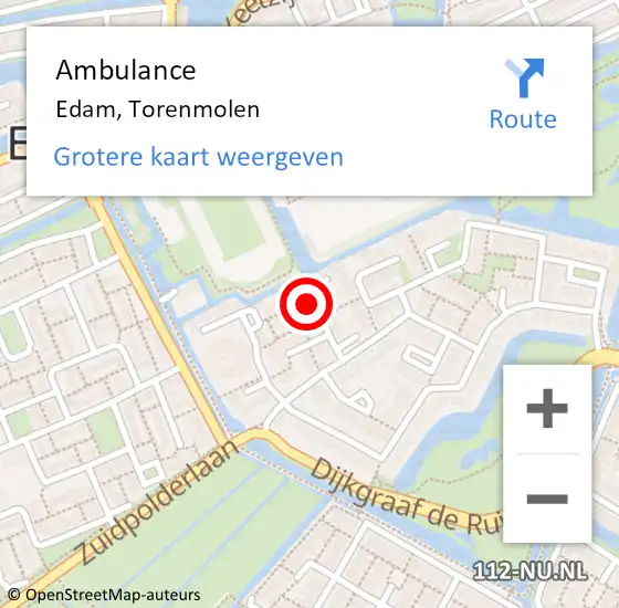 Locatie op kaart van de 112 melding: Ambulance Edam, Torenmolen op 10 september 2016 20:21