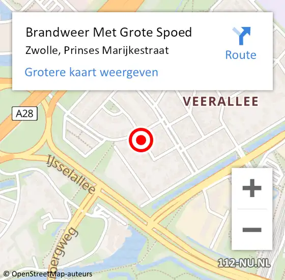 Locatie op kaart van de 112 melding: Brandweer Met Grote Spoed Naar Zwolle, Prinses Marijkestraat op 11 september 2016 01:50