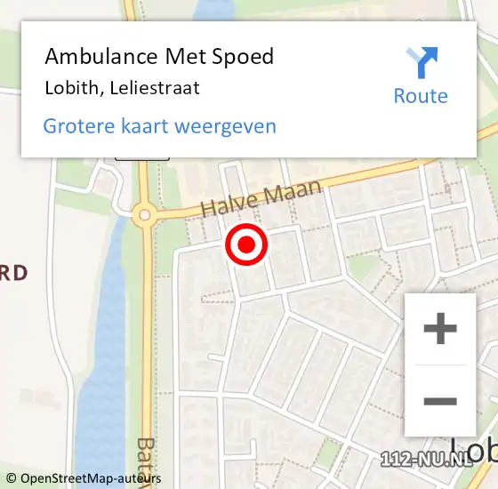 Locatie op kaart van de 112 melding: Ambulance Met Spoed Naar Lobith, Leliestraat op 11 september 2016 20:53