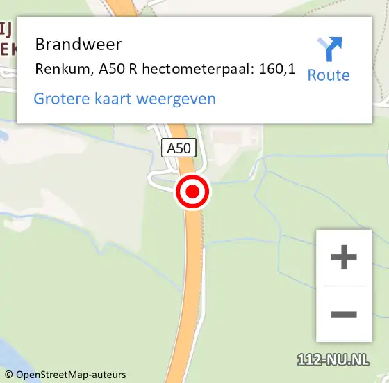 Locatie op kaart van de 112 melding: Brandweer Renkum, A50 R hectometerpaal: 160,1 op 12 september 2016 14:00