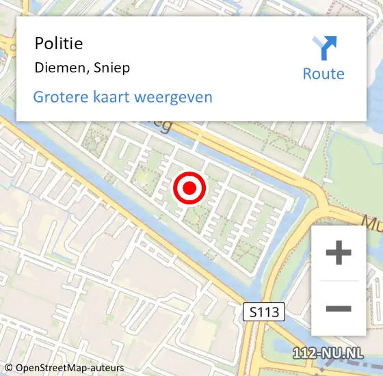 Locatie op kaart van de 112 melding: Politie Diemen, Sniep op 13 september 2016 14:42