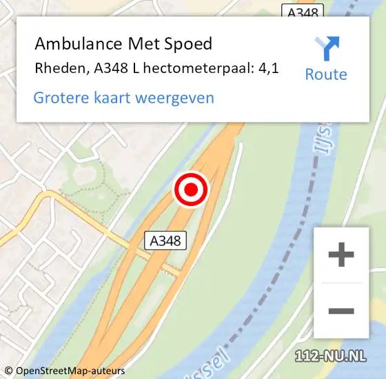 Locatie op kaart van de 112 melding: Ambulance Met Spoed Naar Rheden, A348 L hectometerpaal: 4,1 op 13 september 2016 18:43