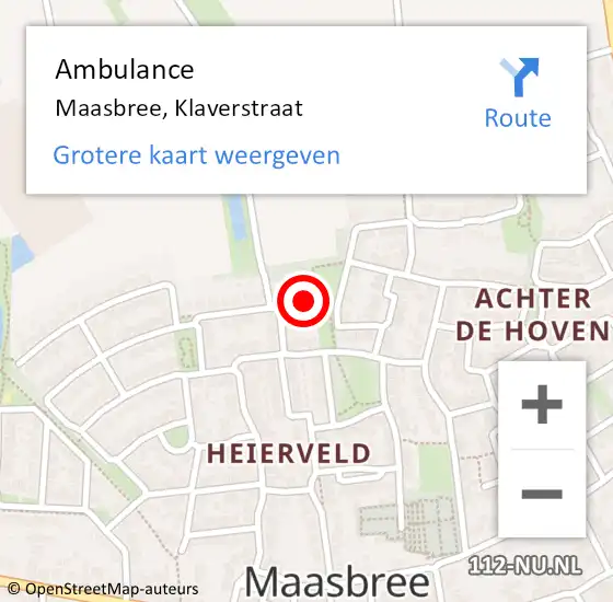 Locatie op kaart van de 112 melding: Ambulance Maasbree, Klaverstraat op 14 september 2016 16:07