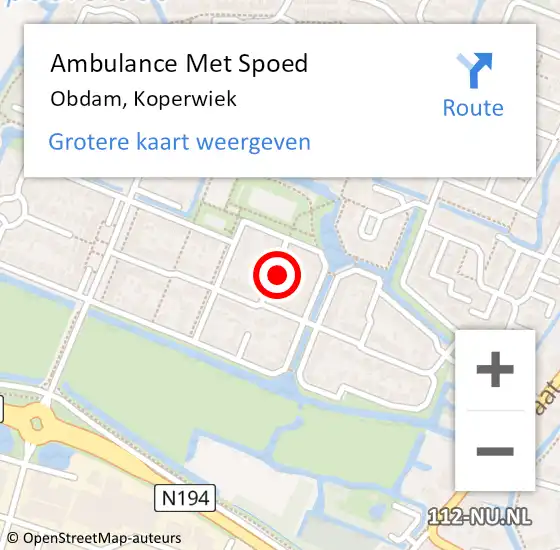 Locatie op kaart van de 112 melding: Ambulance Met Spoed Naar Obdam, Koperwiek op 15 september 2016 09:59