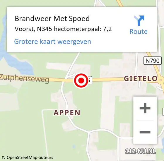 Locatie op kaart van de 112 melding: Brandweer Met Spoed Naar Voorst, N345 hectometerpaal: 7,2 op 16 september 2016 01:55