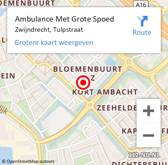 Locatie op kaart van de 112 melding: Ambulance Met Grote Spoed Naar Zwijndrecht, Tulpstraat op 19 september 2016 11:18