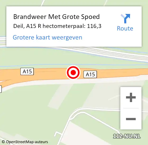 Locatie op kaart van de 112 melding: Brandweer Met Grote Spoed Naar Deil, A15 R hectometerpaal: 112,0 op 20 september 2016 13:24