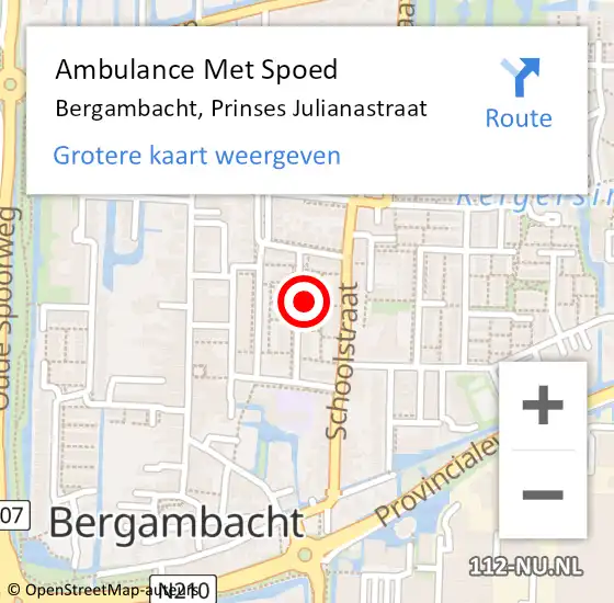 Locatie op kaart van de 112 melding: Ambulance Met Spoed Naar Bergambacht, Prinses Julianastraat op 20 september 2016 17:09