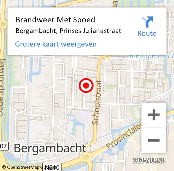 Locatie op kaart van de 112 melding: Brandweer Met Spoed Naar Bergambacht, Prinses Julianastraat op 20 september 2016 17:32