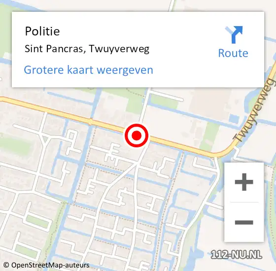 Locatie op kaart van de 112 melding: Politie Sint Pancras, Twuyverweg op 20 september 2016 18:58