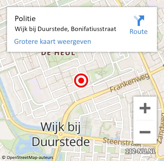 Locatie op kaart van de 112 melding: Politie Wijk bij Duurstede, Bonifatiusstraat op 21 september 2016 22:39