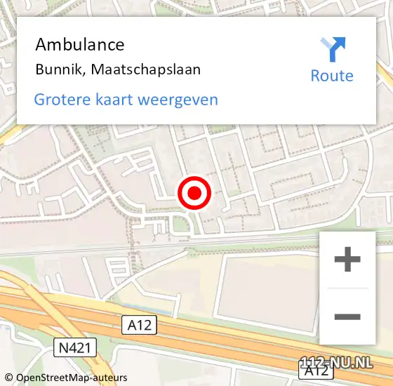 Locatie op kaart van de 112 melding: Ambulance Bunnik, Maatschapslaan op 22 september 2016 15:23