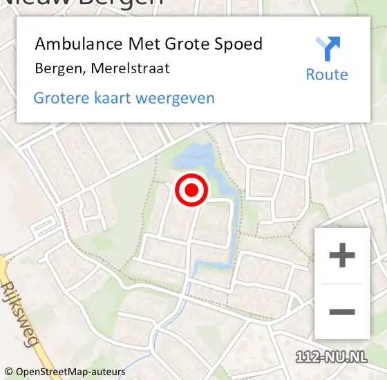 Locatie op kaart van de 112 melding: Ambulance Met Grote Spoed Naar Bergen, Merelstraat op 23 september 2016 05:56