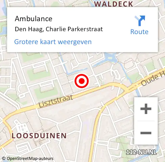 Locatie op kaart van de 112 melding: Ambulance Den Haag, Charlie Parkerstraat op 23 september 2016 08:23