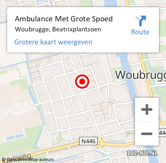 Locatie op kaart van de 112 melding: Ambulance Met Grote Spoed Naar Woubrugge, Beatrixplantsoen op 25 september 2016 12:34