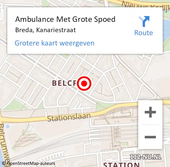 Locatie op kaart van de 112 melding: Ambulance Met Grote Spoed Naar Breda, Kanariestraat op 28 december 2013 15:27