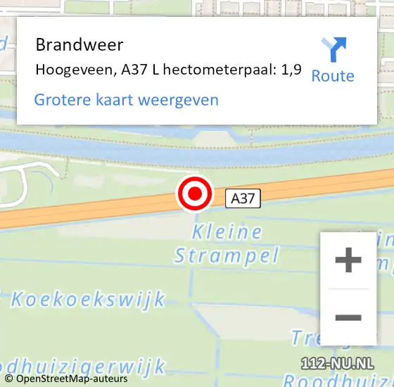 Locatie op kaart van de 112 melding: Brandweer Hoogeveen, A37 L hectometerpaal: 1,9 op 27 september 2016 04:44