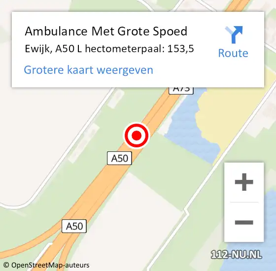 Locatie op kaart van de 112 melding: Ambulance Met Grote Spoed Naar Ewijk, A50 L hectometerpaal: 153,0 op 27 september 2016 20:46