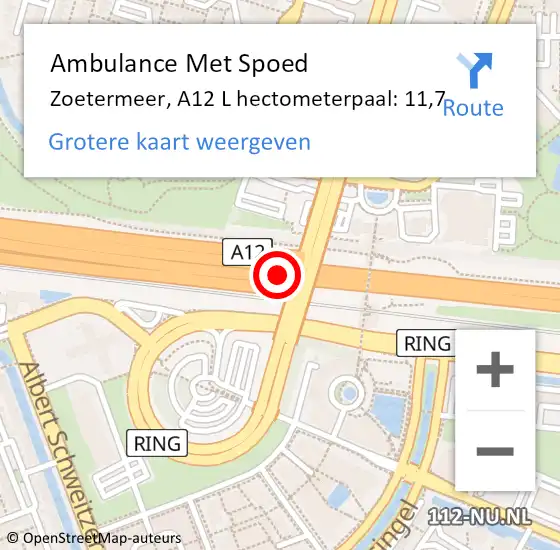 Locatie op kaart van de 112 melding: Ambulance Met Spoed Naar Zoetermeer, A12 L hectometerpaal: 11,7 op 27 september 2016 22:20
