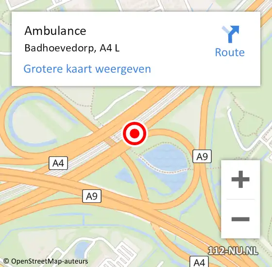 Locatie op kaart van de 112 melding: Ambulance Badhoevedorp, A4 L op 27 september 2016 23:10
