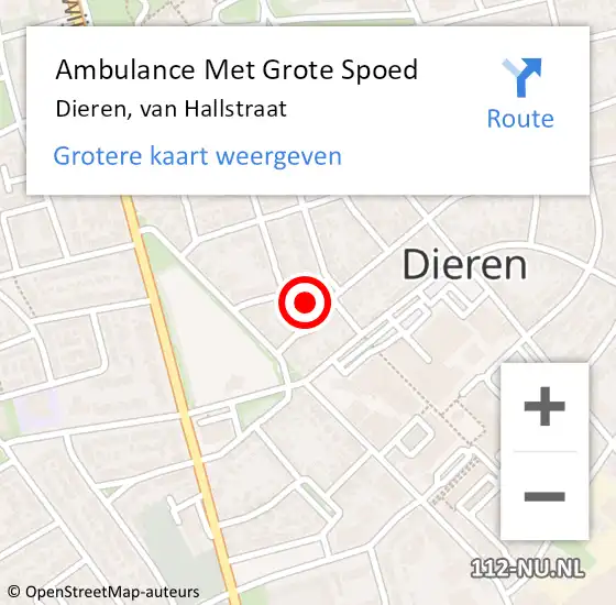 Locatie op kaart van de 112 melding: Ambulance Met Grote Spoed Naar Dieren, van Hallstraat op 28 september 2016 09:17