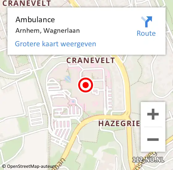 Locatie op kaart van de 112 melding: Ambulance Arnhem, Wagnerlaan op 28 september 2016 13:45
