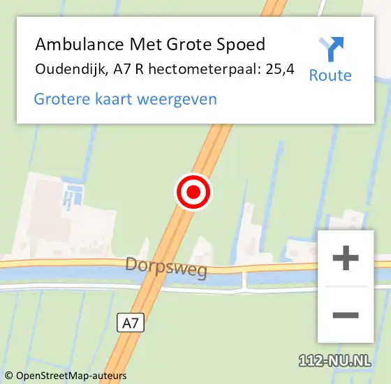 Locatie op kaart van de 112 melding: Ambulance Met Grote Spoed Naar Oudendijk, A7 L hectometerpaal: 25,0 op 30 september 2016 06:56