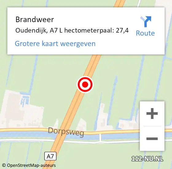 Locatie op kaart van de 112 melding: Brandweer Oudendijk, A7 L hectometerpaal: 27,4 op 30 september 2016 07:00
