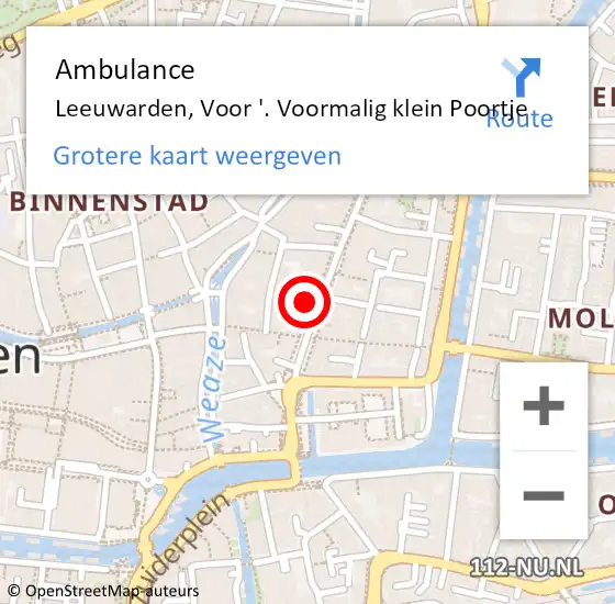 Locatie op kaart van de 112 melding: Ambulance Leeuwarden, Voor '. Voormalig klein Poortje op 30 september 2016 14:54