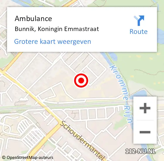 Locatie op kaart van de 112 melding: Ambulance Bunnik, Koningin Emmastraat op 30 september 2016 15:34