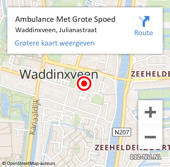 Locatie op kaart van de 112 melding: Ambulance Met Grote Spoed Naar Waddinxveen, Julianastraat op 1 oktober 2016 08:37