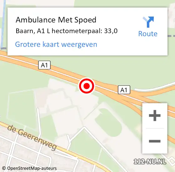 Locatie op kaart van de 112 melding: Ambulance Met Spoed Naar Baarn, A1 L hectometerpaal: 33,0 op 1 oktober 2016 10:53