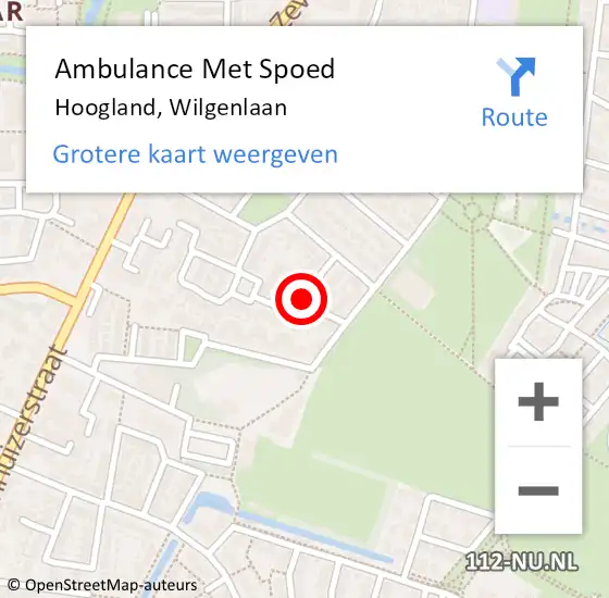 Locatie op kaart van de 112 melding: Ambulance Met Spoed Naar Hoogland, Wilgenlaan op 1 oktober 2016 15:07