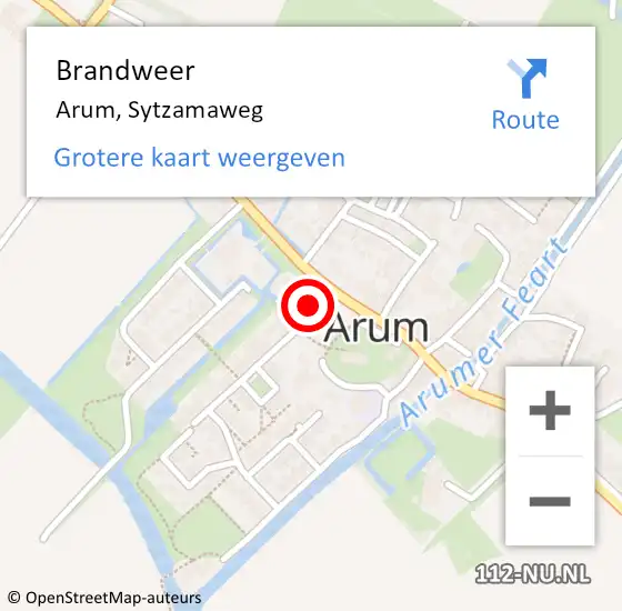 Locatie op kaart van de 112 melding: Brandweer Arum, Sytzamaweg op 1 oktober 2016 22:13