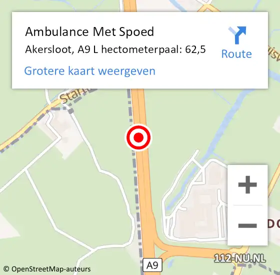 Locatie op kaart van de 112 melding: Ambulance Met Spoed Naar Akersloot, A9 L hectometerpaal: 62,5 op 2 oktober 2016 03:29
