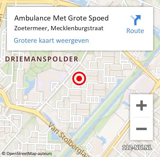 Locatie op kaart van de 112 melding: Ambulance Met Grote Spoed Naar Zoetermeer, Mecklenburgstraat op 2 oktober 2016 09:06