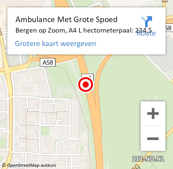 Locatie op kaart van de 112 melding: Ambulance Met Grote Spoed Naar Bergen op Zoom, A4 R hectometerpaal: 234,4 op 2 oktober 2016 14:29