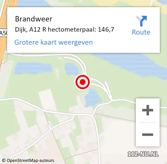 Locatie op kaart van de 112 melding: Brandweer Dijk, A12 R hectometerpaal: 146,7 op 4 oktober 2016 15:13