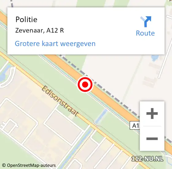 Locatie op kaart van de 112 melding: Politie Zevenaar, A12 R op 4 oktober 2016 15:29
