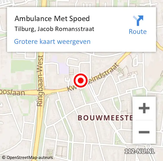 Locatie op kaart van de 112 melding: Ambulance Met Spoed Naar Tilburg, Jacob Romansstraat op 4 oktober 2016 20:01
