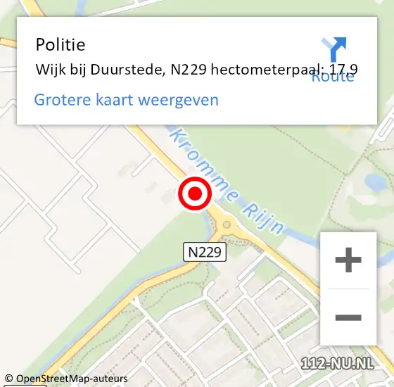 Locatie op kaart van de 112 melding: Politie Wijk bij Duurstede, N229 hectometerpaal: 17,9 op 5 oktober 2016 07:51