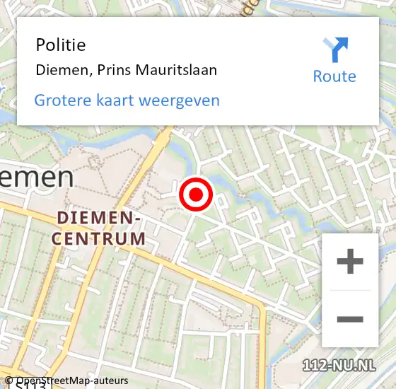 Locatie op kaart van de 112 melding: Politie Diemen, Prins Mauritslaan op 5 oktober 2016 09:24