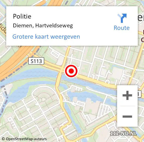 Locatie op kaart van de 112 melding: Politie Diemen, Hartveldseweg op 10 oktober 2016 16:43