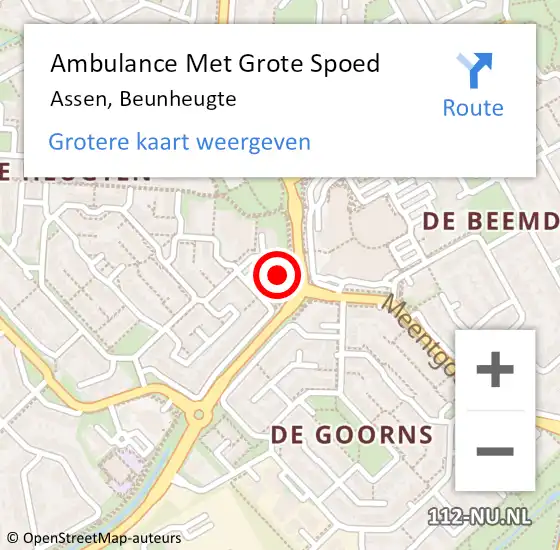 Locatie op kaart van de 112 melding: Ambulance Met Grote Spoed Naar Assen, Beunheugte op 10 oktober 2016 21:20