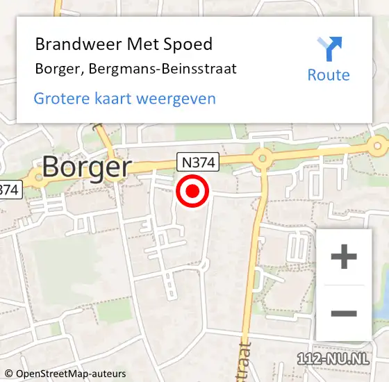 Locatie op kaart van de 112 melding: Brandweer Met Spoed Naar Borger, Bergmans-Beinsstraat op 11 oktober 2016 13:06