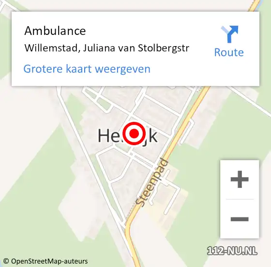 Locatie op kaart van de 112 melding: Ambulance Willemstad, Juliana van Stolbergstr op 11 oktober 2016 21:09
