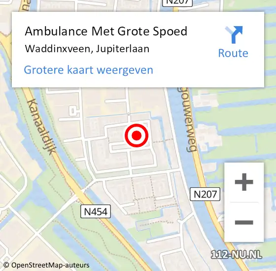 Locatie op kaart van de 112 melding: Ambulance Met Grote Spoed Naar Waddinxveen, Jupiterlaan op 12 oktober 2016 01:13